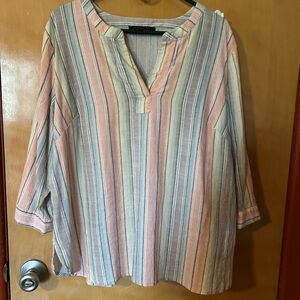 Tahari Blue and Pink 3/4 Sleeve Boxy Blouse